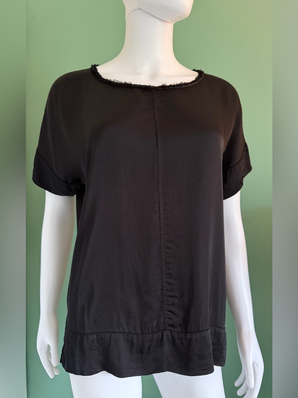 Rachel Zoe Black Short-Sleeve Satin Top with Raw-Edge Neckline